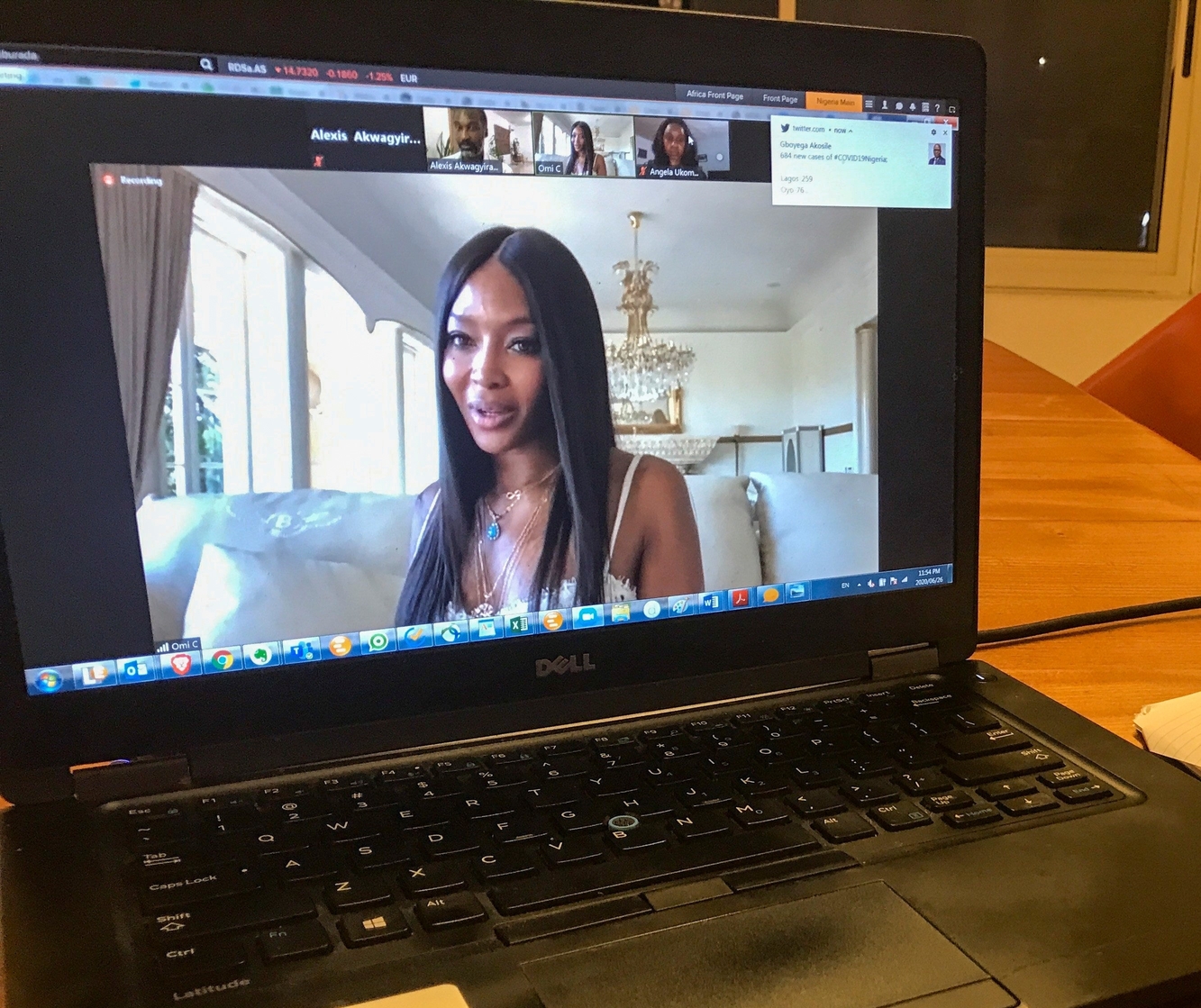Model Naomi Campbell speaks from Los Angeles during an interview on Zoom with Reuters in Lagos, Nigeria June 26, 2020. Picture taken June 26, 2020. REUTERS/Alexis Akwagyiram
