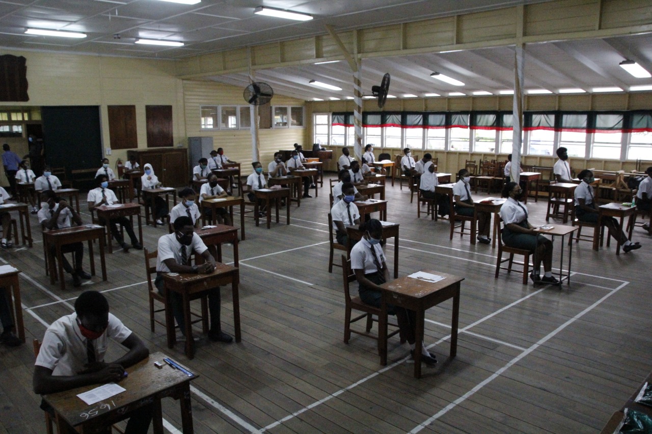 Seating arrangement for students at the Bishops' High as they commenced the writing of the CSEC/CAPE examinations last Monday (MoE photo)