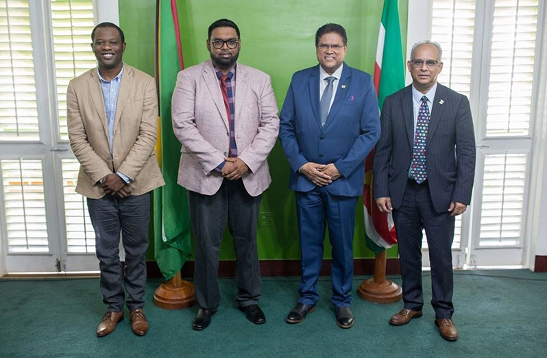 From Left - Minister of Foreign Affairs, Hon. Hugh Todd, President of Guyana, HE Dr. Mohamed Irfaan Ali,President of Suriname, His Excellency Chandrikapersad Santokhi and Suriname Minister of Foreign Affairs, Hon. Albert Ramdin