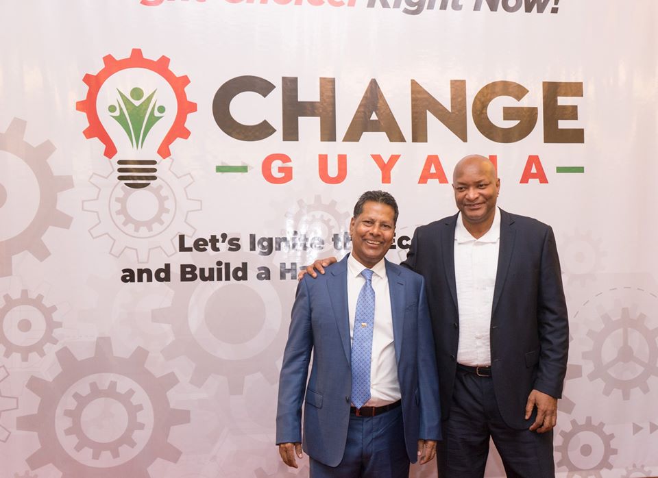 Co-founders of Change Guyana, Robert Badal (left) and Nigel Hinds at the party’s launch in 2019. 