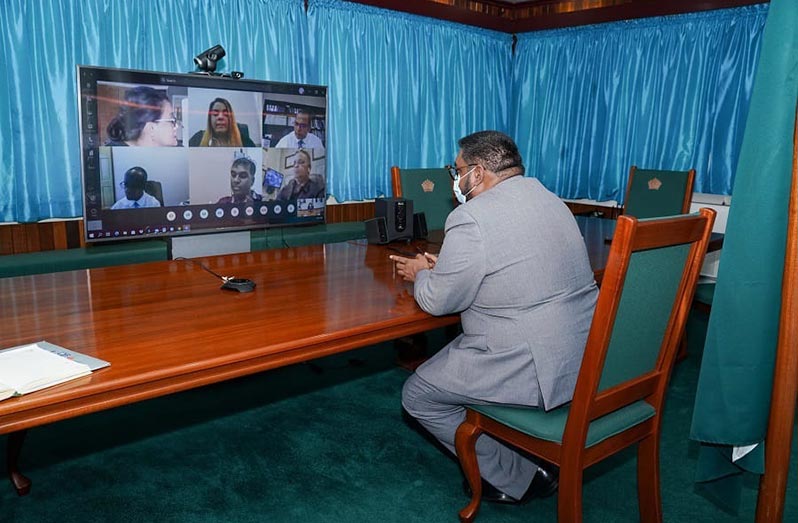 President Dr. Mohamed Irfaan Ali during the virtual, emergency multi-stakeholder meeting on advancing the National COVID-19 response, yesterday, at State House.