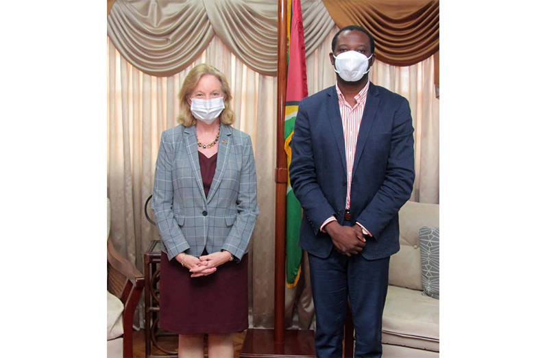 Ambassador Sarah Lynch and Minister of Foreign Affairs Hugh Todd during their meeting on Monday