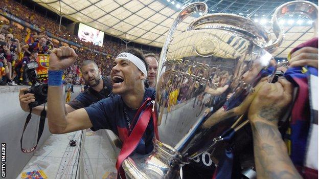 Neymar celebrates after winning the Champions League with Barcelona in 2015. The Brazilian joined PSG for a world-record fee of £200m in 2017