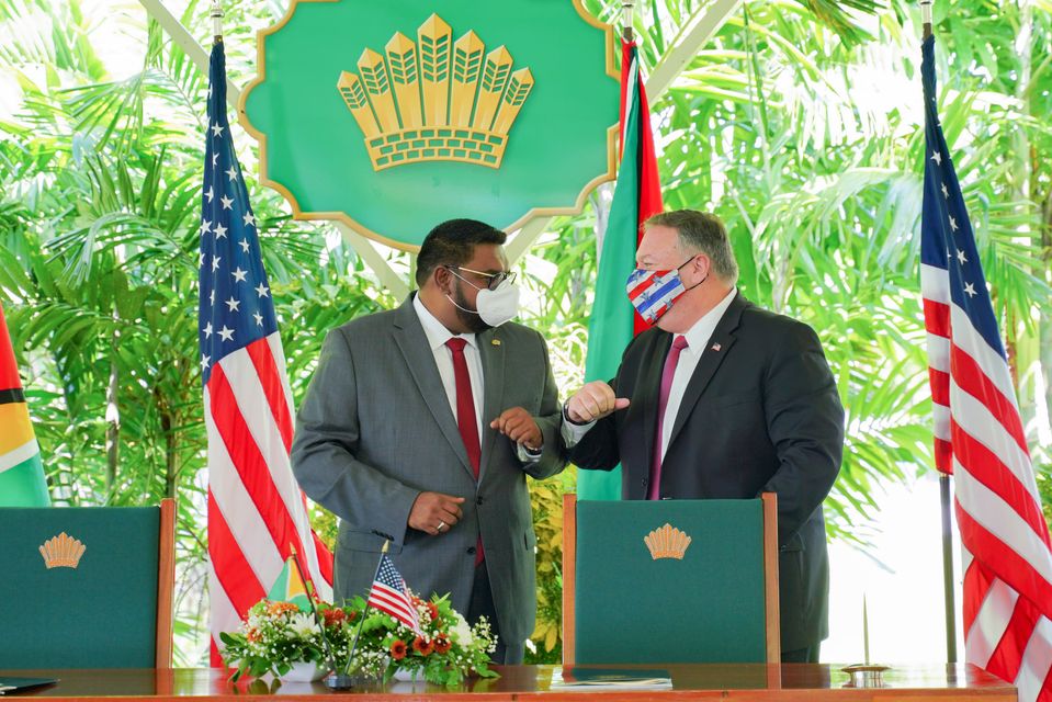 United States (US) Secretary of State, Michael Pompeo and President of Guyana, Dr. Irfaan Ali at State House on Friday (OTP photo)