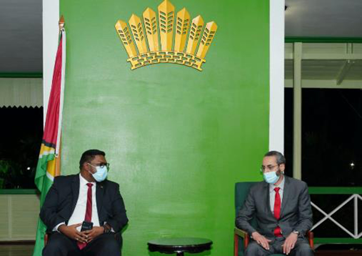 H.E. Dr. Mohamed Irfaan Ali and H.E. Adbulrahman Ahmad H. Alharbi at State House