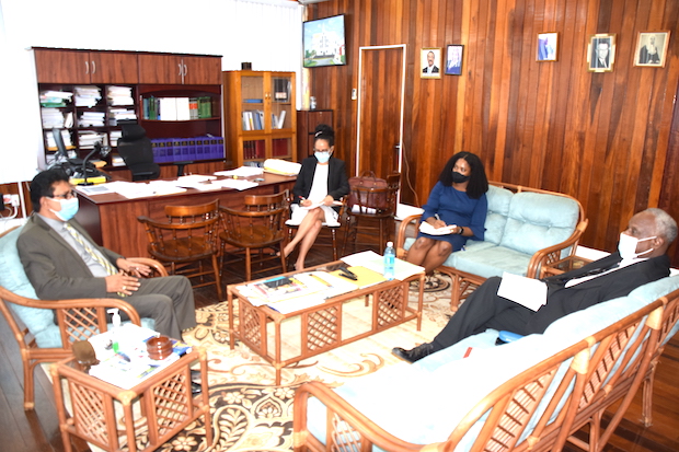Attorney General and Minister of Legal Affairs, Anil Nandlall meeting with Belizean Supreme Court Judge, Justice (Ret’d) Courtney Abel at his Carmichael Street, Georgetown Office.