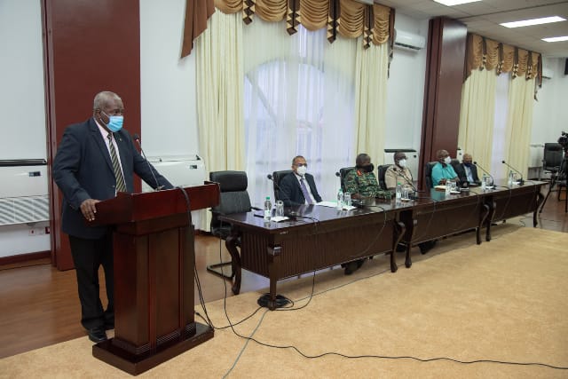 [L-R] Prime Minister Brigadier Mark Phillips; Minister of Health, Hon. Dr. Frank Anthony; Chief of Staff of the Guyana Defence Force, Brigadier Godfrey Bess; Commissioner of Police (Ag), Nigel Hoppie; Director-General of the Guyana Civil Defence Commission, Lt. Col. Kester Craig; former Minister of Health, Dr. Leslie Ramsammy.

Image: Keno George