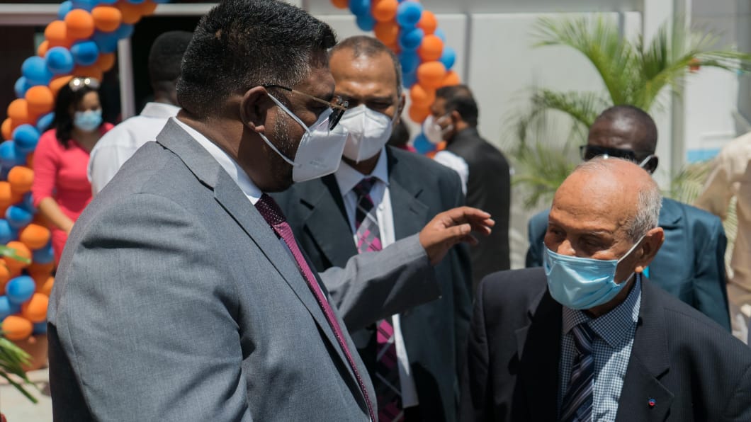 President Irfaan Ali in discussion with Dr. Yesu Persaud on the sideline of the commissioning ceremony of the multimillion dollar clinical education centre
