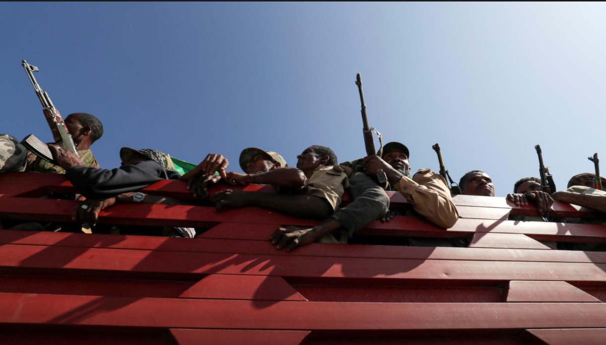 File photo: Members of Amhara region militias ride on their truck as they head to the mission to face the Tigray People's Liberation Front (TPLF), in Sanja, Amhara near a border with Tigray, Ethopia, November 9, 2020 (Reuters/ Tiksa Negeri)