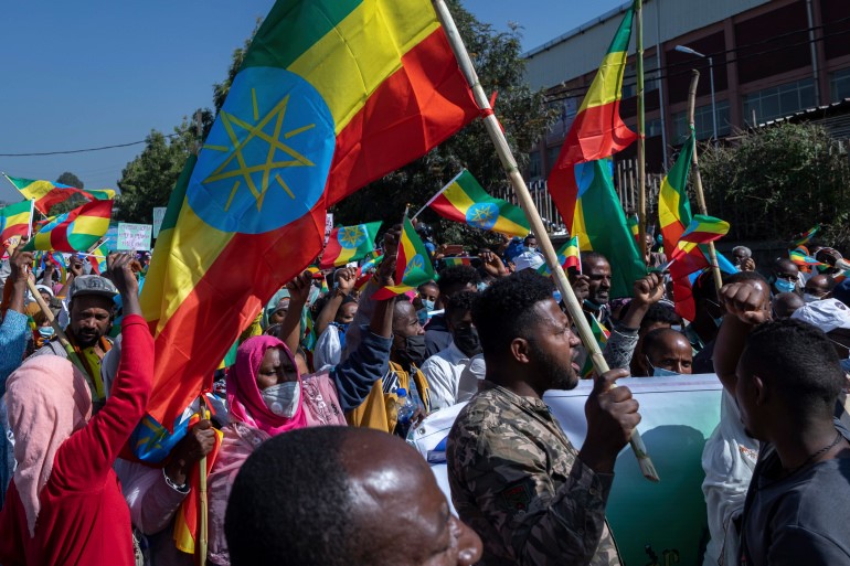 Ethiopians hold national flags at an event organised by city officials to honour the military in capital Addis Ababa [File: Mulugeta Ayene/AP]