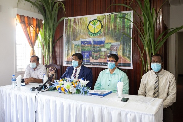 Senior officials of the Guyana Sugar Corporation during a media conference Monday. (DPI)