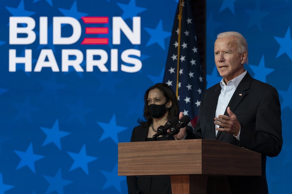 Democratic presidential candidate former Vice President Joe Biden joined by Democratic vice presidential candidate Sen. Kamala Harris, D-Calif., speaks at the The Queen theater Thursday, Nov. 5, 2020, in Wilmington, Del. (AP Photo/Carolyn Kaster)