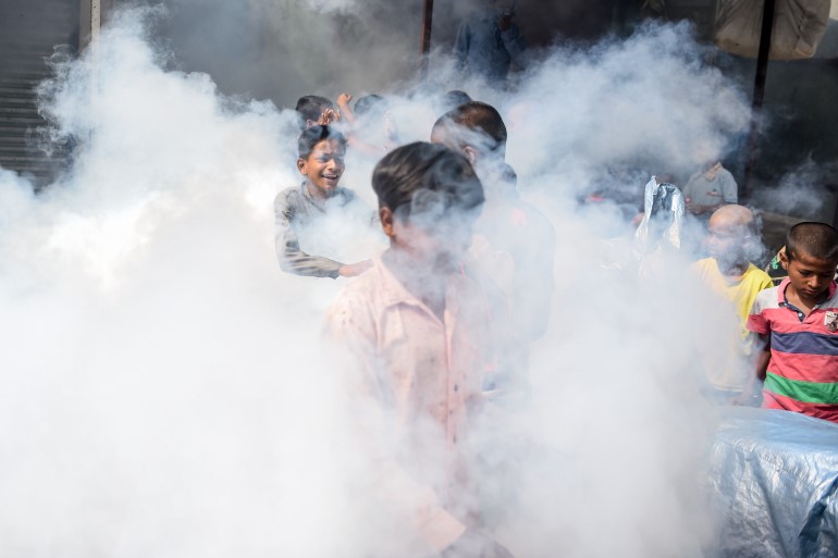 Children play in the vapour as a civic worker fumigates a slum area as a preventive measure against malaria and dengue in Mumbai in June. India has made great progress in tackling the mosquito-borne disease, according to the WHO [File: Punit Paranjpe/AFP]