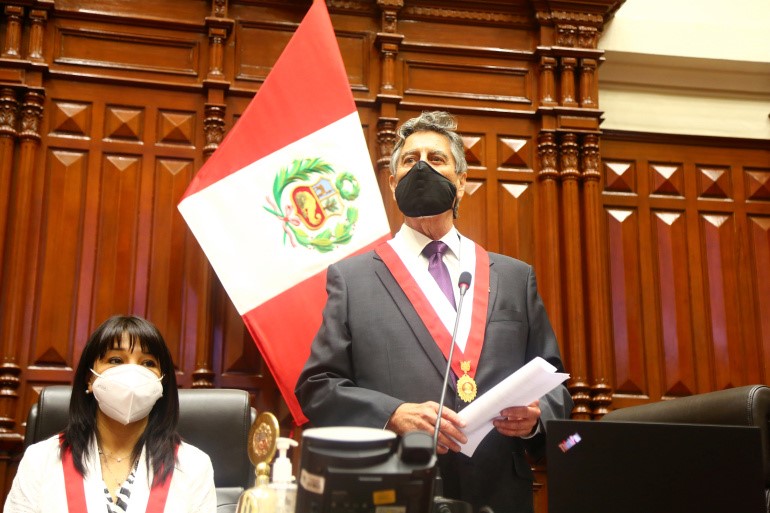 Francisco Sagasti from the centrist Morado Party addresses Congress members after he was elected Peru's interim president, in Lima, November 16, 2020 [Peruvian Congress/Handout via Reuters]