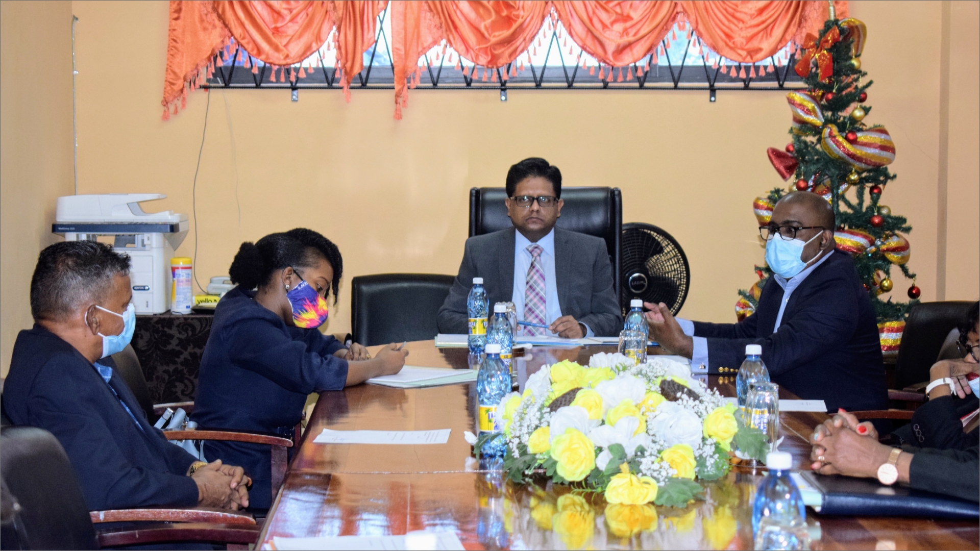 Senior Minister within the Office of the President with responsibility for Finance, Dr. Ashni Singh at the maiden meeting of the National Insurance Scheme (NIS) Board on Monday