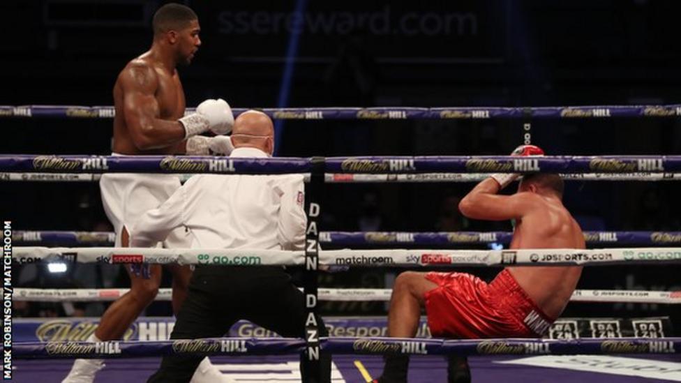 Joshua floored Pulev twice in round three and twice more in the ninth and final round