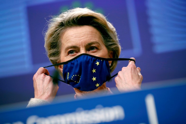 European Commission President Ursula von der Leyen wears a mask after giving a statement on the outcome of the Brexit negotiations, in Brussels, Belgium [Francisco Seco/Pool via Reuters]