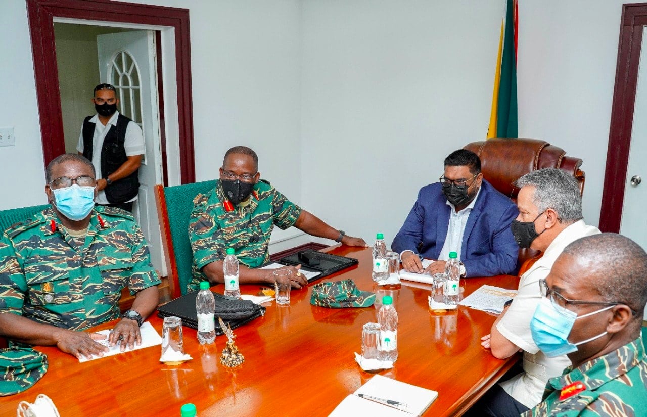 President Irfaan Ali met the top brass of the Guyana Defence Force on Thursday at State House (OP)