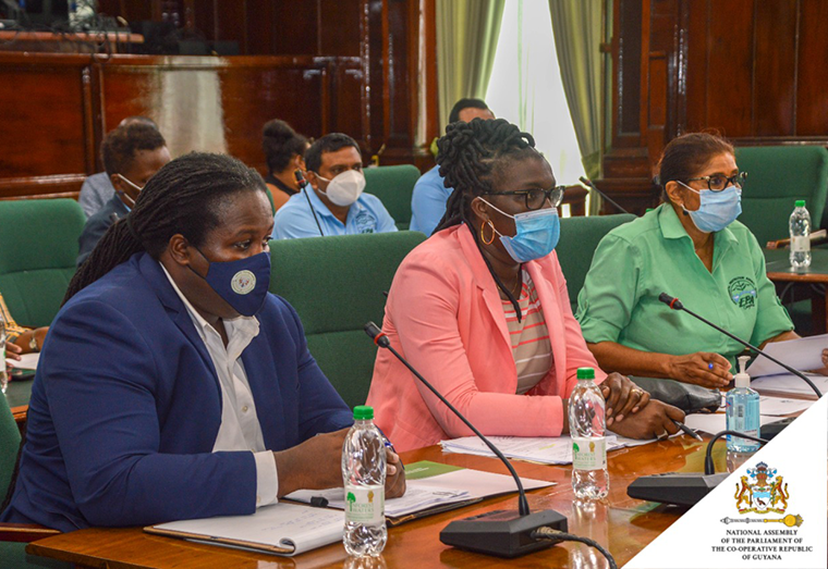 Seated from left are: Permanent Secretary of the Ministry of Natural Resources, Joslyn McKenzie; Permanent Secretary (PS) of the then OTP, Abena Moore and Head of EPA (ag), Sharifa Razack (Parliament of Guyana photo)