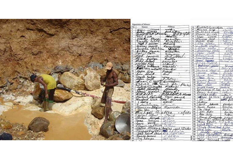 L-R: Mining in the Rupununi; Some signatures of the Rupununi Miners