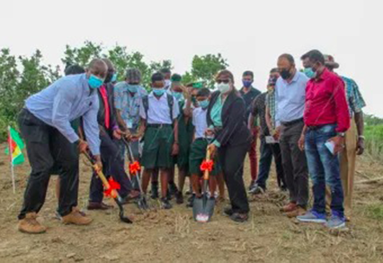 Minister of Education Priya Manickchand and other officials of the Ministry of Education turn the sod for the construction of the Prospect Secondary School (DPI)