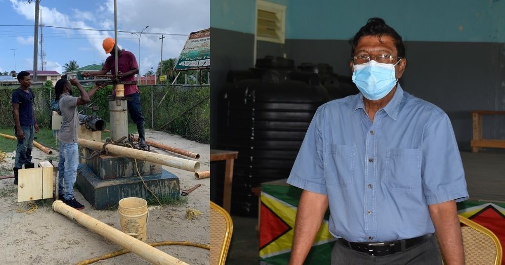 L-R: Technical staff working on the defective Lusignan well and GWI Chief Executive Officer (CEO), Shaik Baksh