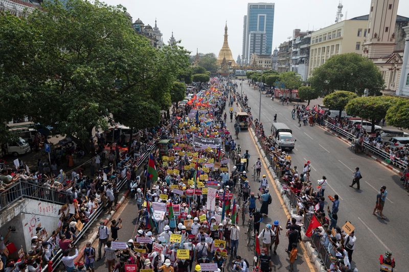 Demonstrators protest against the military coup in Yangon, Myanmar, February 18, 2021. REUTERS/Stringer