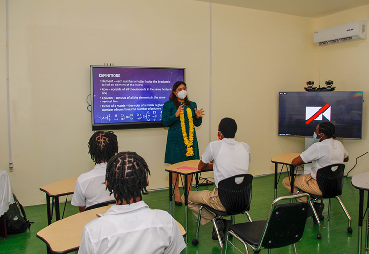 Minister of Education Priya Manickchand delivering remarks inside of the smart classroom of the Brickdam Secondary School