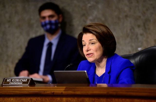 FILE PHOTO: Chairwoman Amy Klobuchar, D-Minn., speaks during a Senate Homeland Security and Governmental Affairs and Senate Rules and Administration committees joint hearing on Capitol Hill, Washington, U.S. February 23, 2021, Erin Scott/Pool via REUTERS