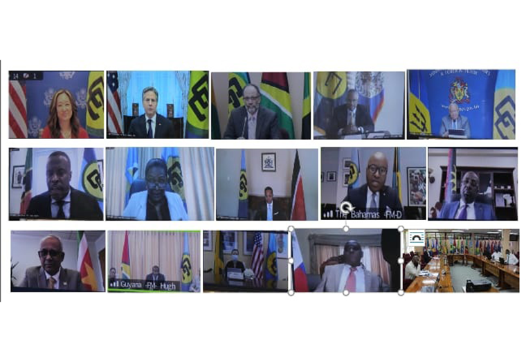 CARICOM Secretary-General Ambassador Irwin LaRocque and Regional Foreign Ministers of the bloc in a Virtual Round Table Discussion with US Secretary of State Antony Blinken.