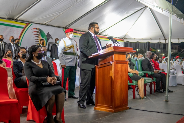 President, Dr. Mohamed Irfaan Ali delivers the presidential address. Also present are,
 [L-R] Chancellor of the Judiciary, Justice Yonette Cummings-Edwards; First Lady, Mrs. Arya Ali; Prime Minister, Hon. Brigadier (ret’d) Mark Phillips and his wife, Mrs. Mignon Bowen-Phillips
 (DPI photo)