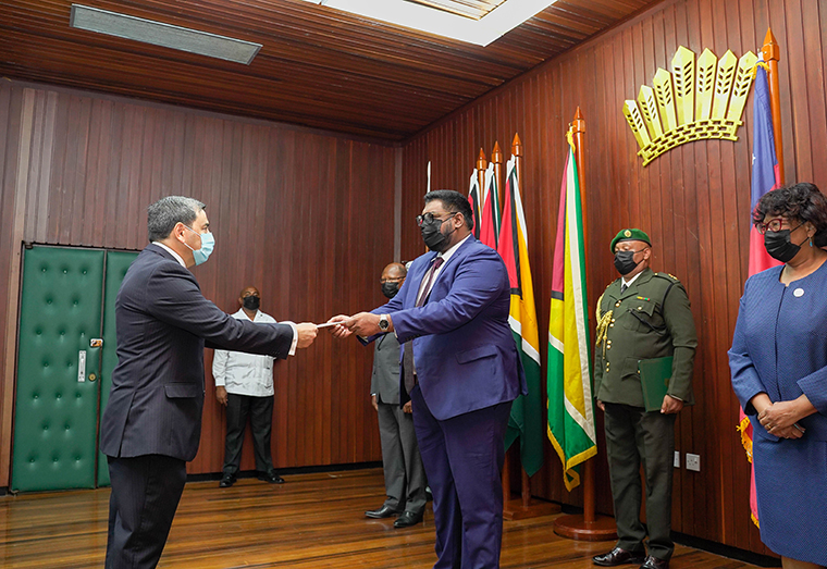 President Irfaan Ali receives the letters of credence from Mr Juan Manuel Pino Vásquez,  Chile’s new Ambassador to Guyana