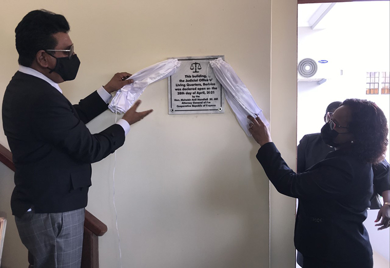 Chancellor of Judiciary, Justice Yonnette Cummings-Edwards and Attorney General, Mohabir Anil Nandlall unveil a plaque on the facility