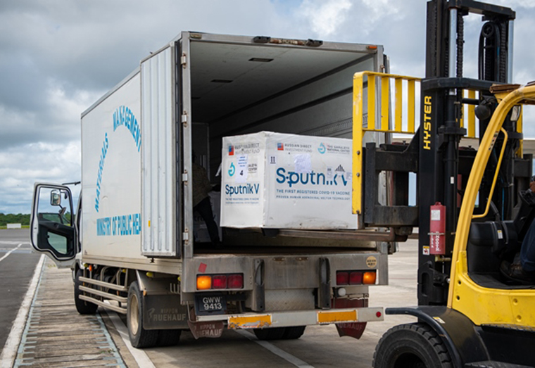 The Sputnik V vaccines is being loaded into the Materials Management Unit truck