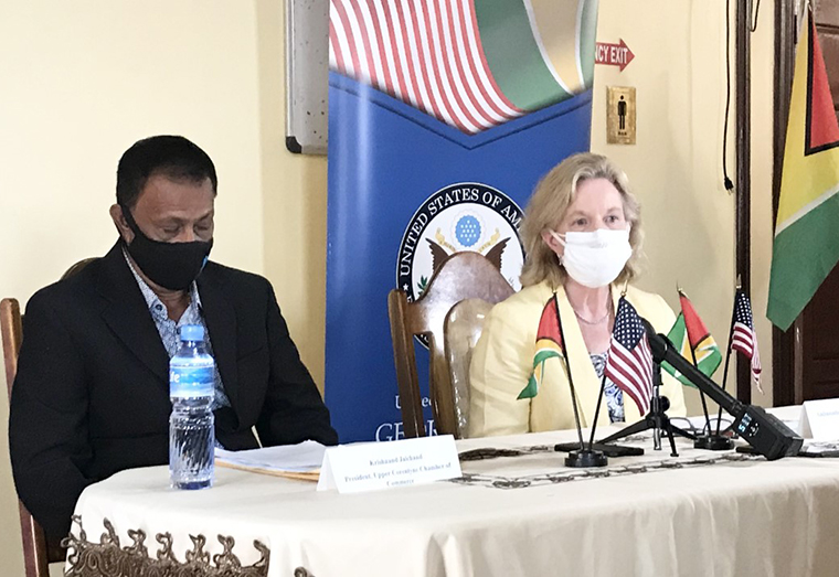 US Ambassador to Guyana, Sarah Lynch and President of the Upper Corentyne Chamber of Commerce, Krishnand Jaichand