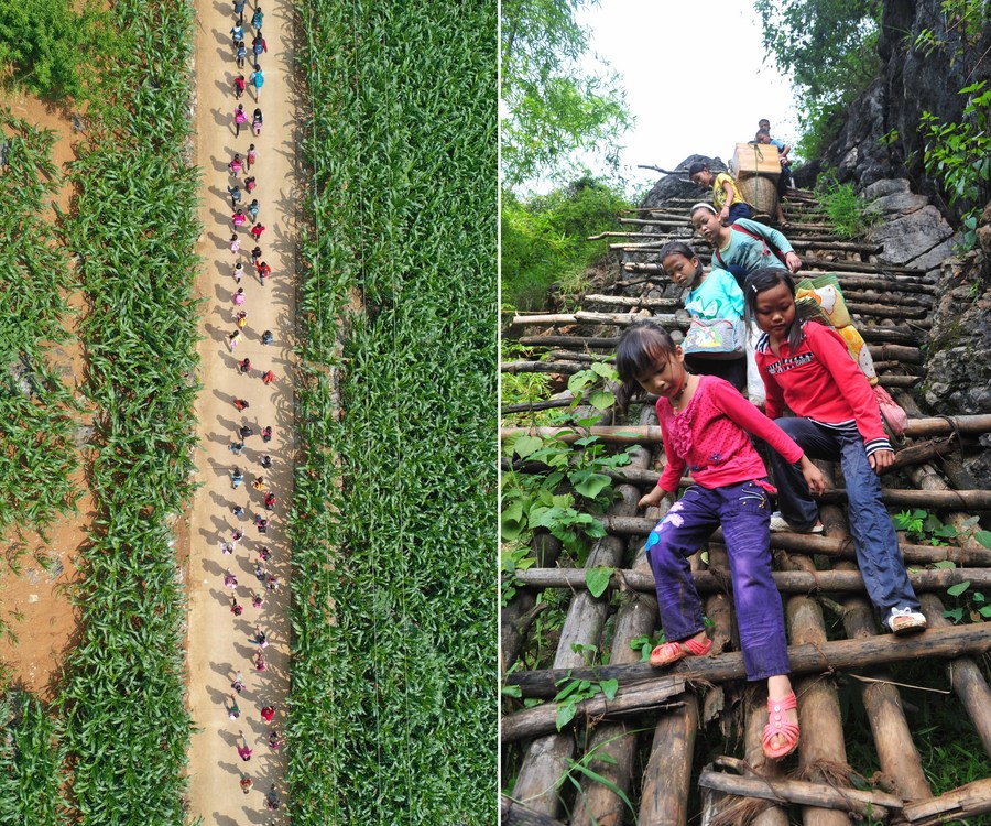 In this combo photo, the left part taken on May 10, 2019 with a drone shows children walking on their way home after school in Nongyong Village, and the right part taken on Sept. 3, 2012 shows children stepping down the hanging ladders to school in Nongyong Village, south China's Guangxi Zhuang Autonomous Region. (Xinhua/Huang Xiaobang)