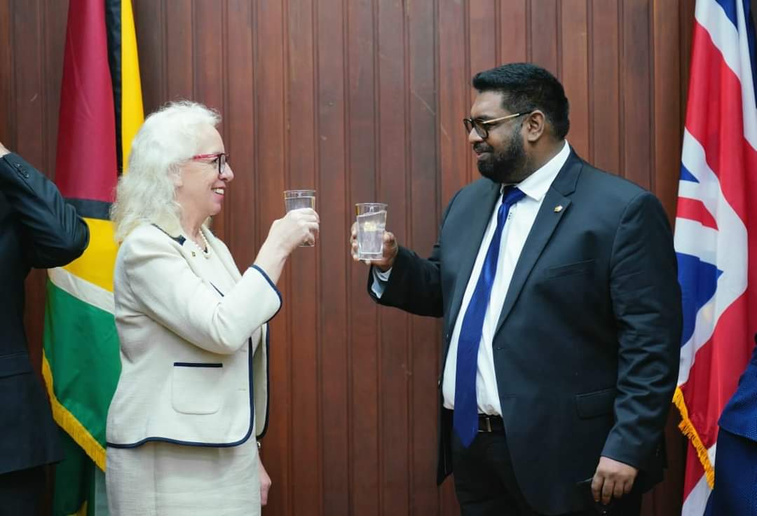 Predident Irfaan Ali and Mrs Jane Miller (OBE), new High Commissioner Extraordinary and Plenipotentiary of Great Britain to Guyana