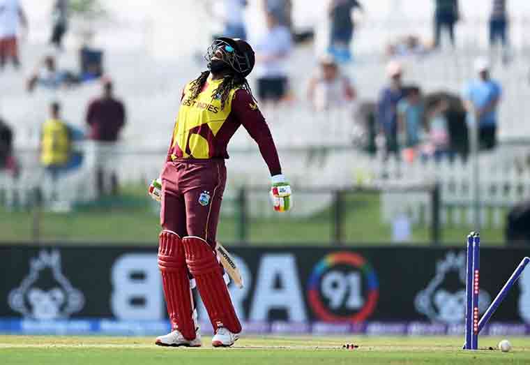 Gayle reacts after being dismissed cheaply for the fourth time in the series (Getty Images)