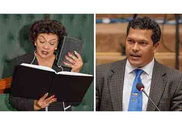 on the left, GECOM Chairman, (Ret’d) Claudette Singh and  right, Deputy Speaker, Lenox Shuman