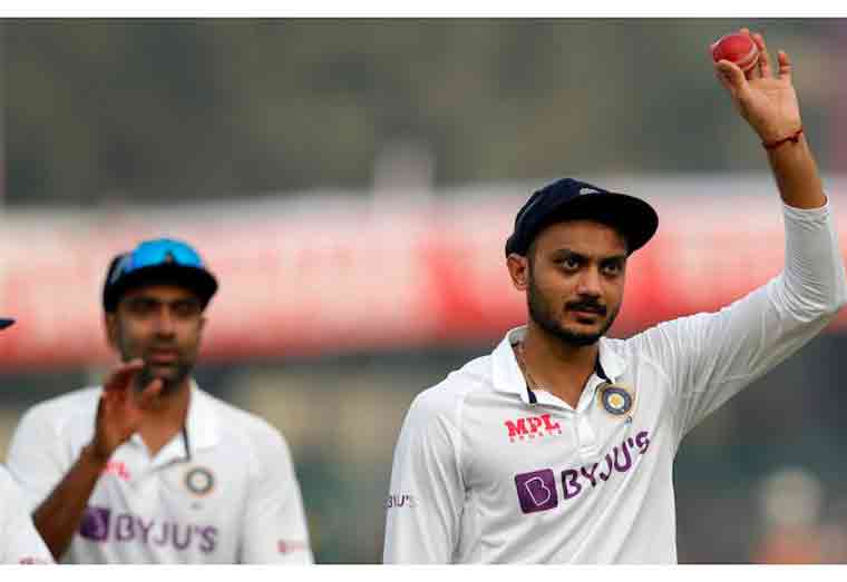 Axar Patel shows off the ball after he returned a five-wicket haul  BCCI
