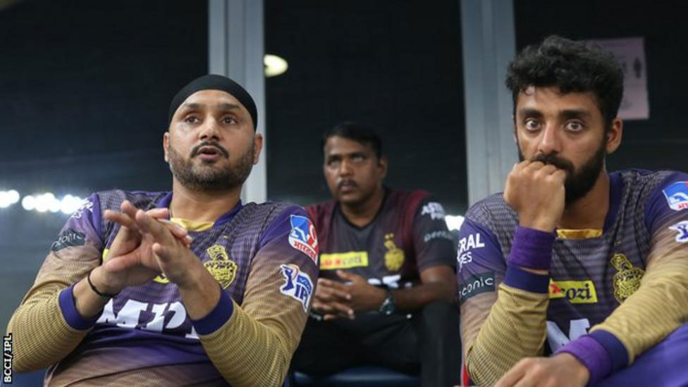 Harbhajan Singh (left) watched on from the dugout and changing room as the delayed Indian Premier League was completed in the United Arab Emirates in October (BCCI/IPL)
