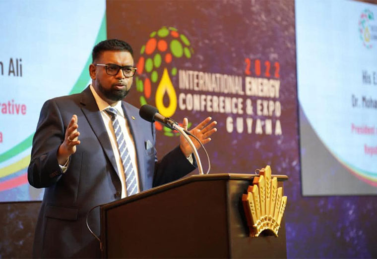 President Irfaan Ali delivering the keynote address during the opening ceremony of the International Energy Conference and Expo