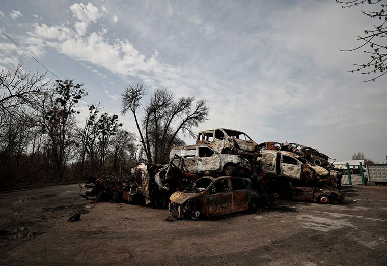 Cars destroyed amid Russia's attack on Ukraine are pictured after they were collected from different places, in Hostomel, Kyiv region, Ukraine April 23, 2022. REUTERS/Zohra Bensemra