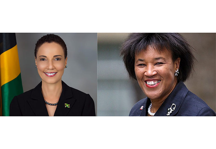 (L-R) Jamaica Foreign Affairs and Foreign Trade Minister Kamina Johnson Smith  and Incumbent, Baroness Patricia Scotland