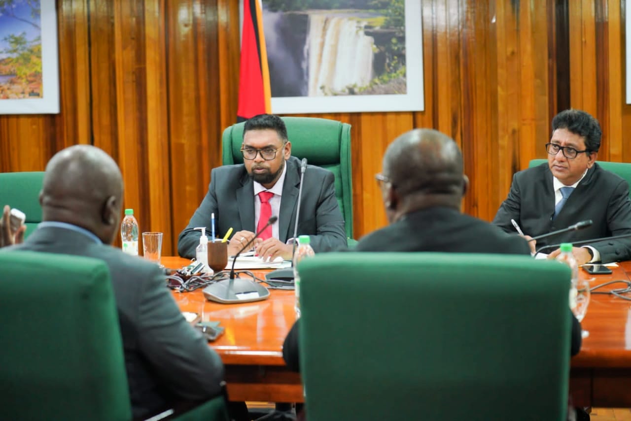 President Irfaan Ali meeting with Leader of the Opposition at the Office of the President on May 13. Attorney General and Minister of Legal Affairs, Anil Nandlall and APNU+AFC MP, Senior Counsel Roysdale Forde were also present