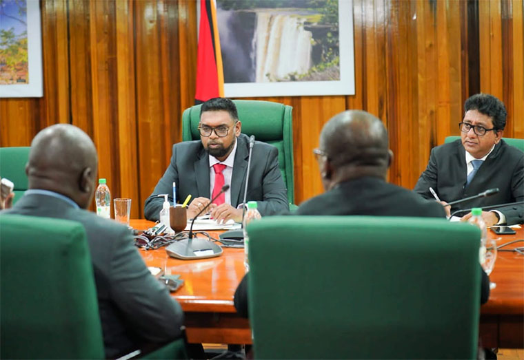 President Irfaan Ali meeting with Leader of the Opposition at the Office of the President on April 13. Attorney General and Minister of Legal Affairs, Anil Nandlall and APNU+AFC MP, Senior Counsel Roysdale Forde were also present 