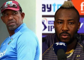 Windies coach Phil Simmons; Andre Russell