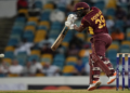West Indies' captain Nicholas Pooran plays a shot against New Zealand during the first ODI at Kensington Oval in Bridgetown, Barbados, Wednesday, Aug. 17, 2022. (AP Photo/Ramon Espinosa).
