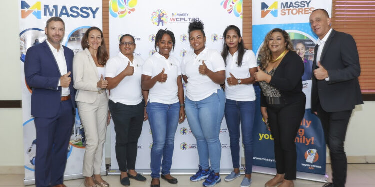 (from left to right) Mark Rostant, Senior Vice President, Massy Motors; Sarah Avey, Vice President, Massy Stores, cricketers Anisa Mohammed; Caneisha Isaac; Reneice Boyce and Karishma Ramharack, along with Candace Ali, Assistant Vice President, Marketing, Massy Stores and JP DuCoudray, Chief Executive Officer, Massy Motors
