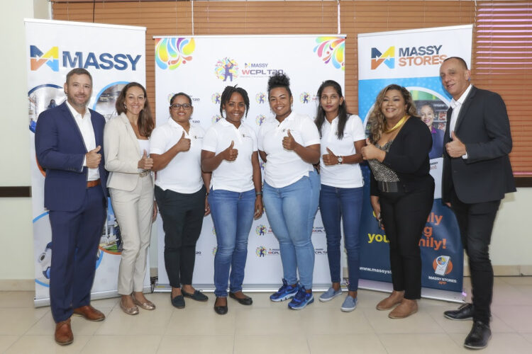(from left to right) Mark Rostant, Senior Vice President, Massy Motors; Sarah Avey, Vice President, Massy Stores, cricketers Anisa Mohammed; Caneisha Isaac; Reneice Boyce and Karishma Ramharack, along with Candace Ali, Assistant Vice President, Marketing, Massy Stores and JP DuCoudray, Chief Executive Officer, Massy Motors